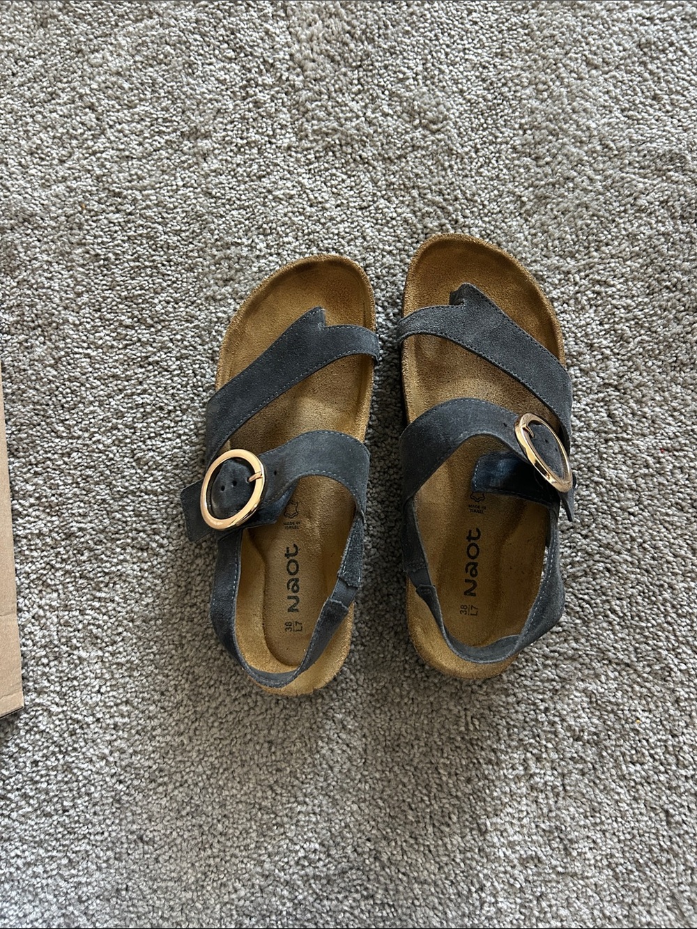 Naot Black Suede Buckle Sandals with Gold Accent